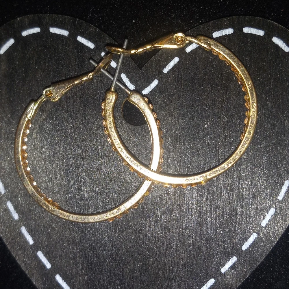 Vintage 1" Gold Hoops with CZ Accents - Picture 2 of 10